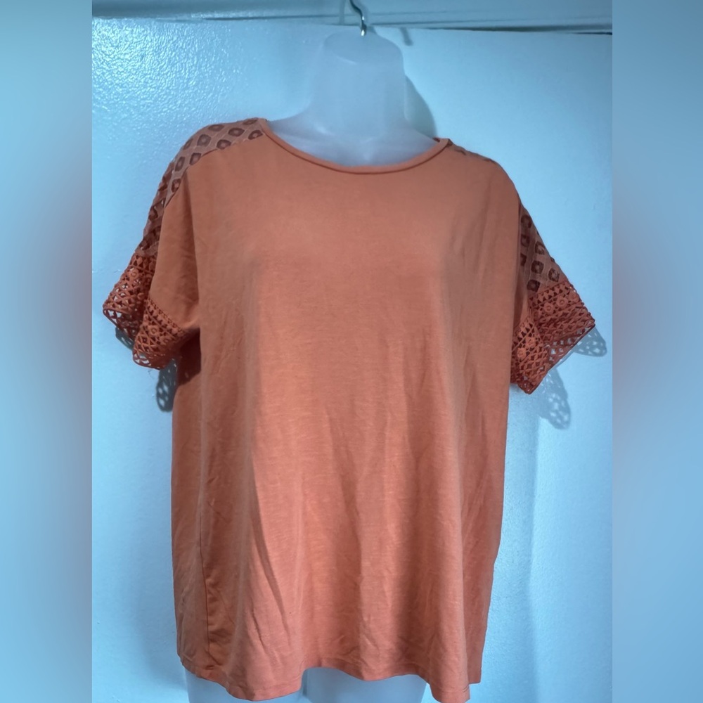 Karl Lagerfield Burnt Orange Top With Lace Detail Sleeve (Size M)